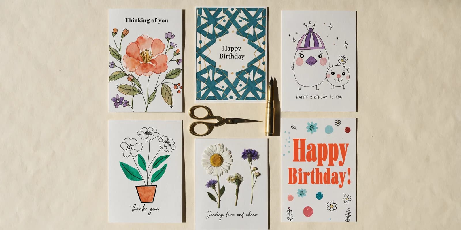 Six personalized greeting cards arranged on cream paper, each in a different illustration style