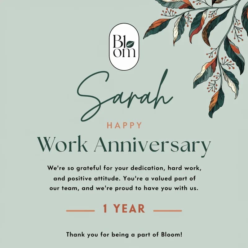 1-year work anniversary card with modern layout on sage green