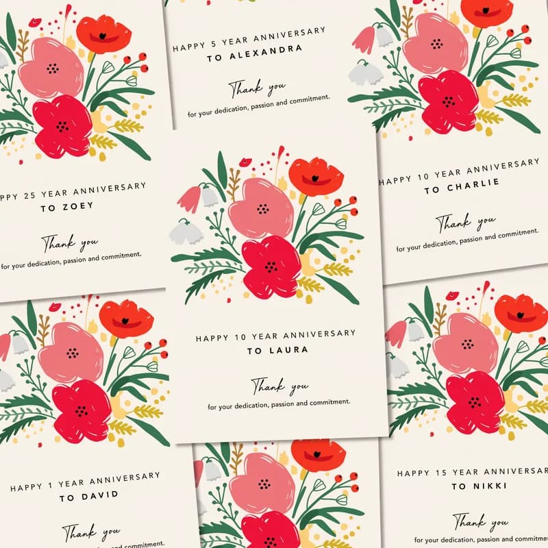 Batch of personalized employee recognition cards generated from CSV