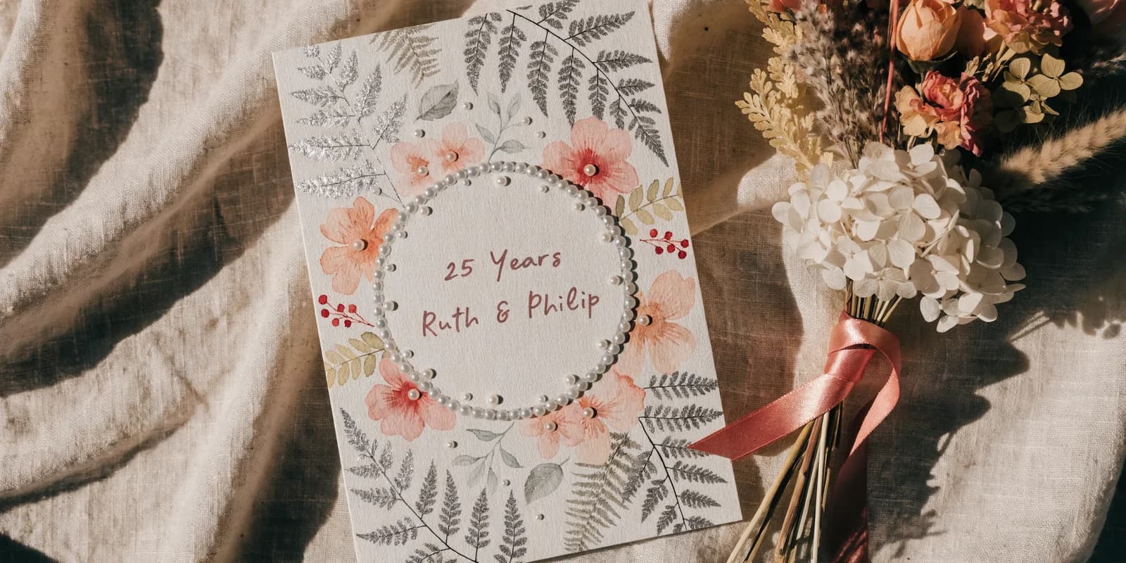 Personalized anniversary card with watercolor portrait illustration and lettered names on cream