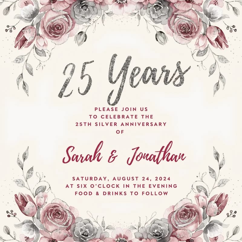25th silver anniversary card with botanical watercolor and lettered names