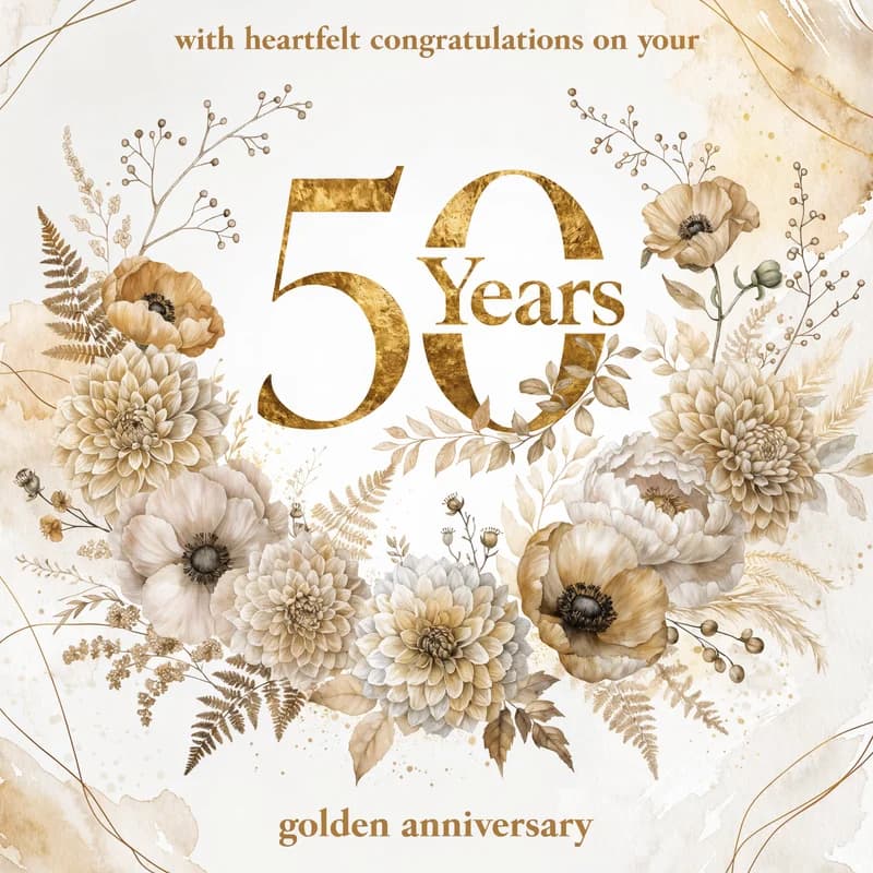 Golden 50th anniversary card with warm watercolor florals