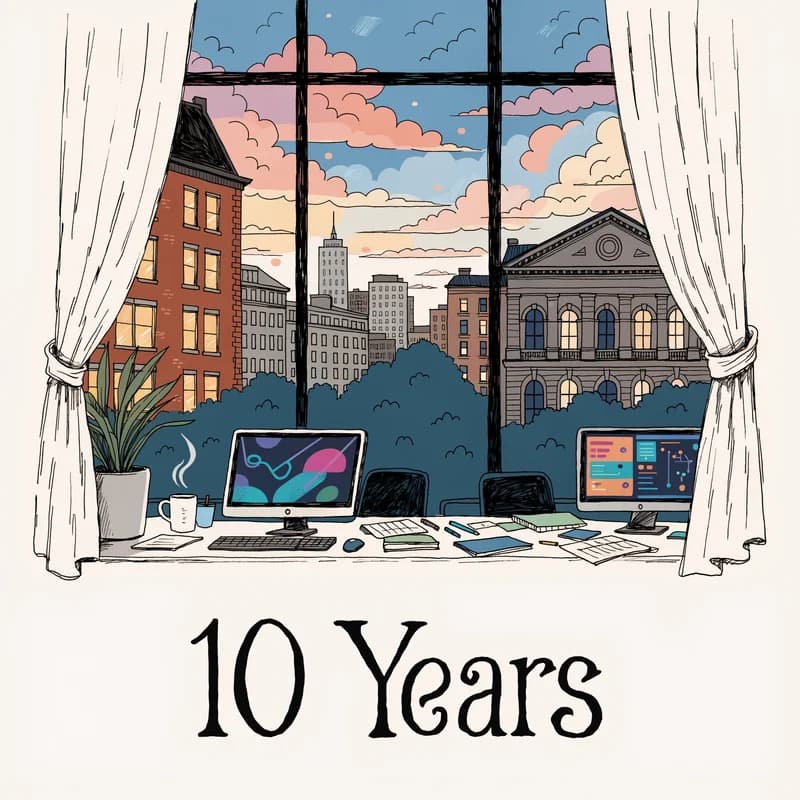 Work anniversary card with illustrated office scene