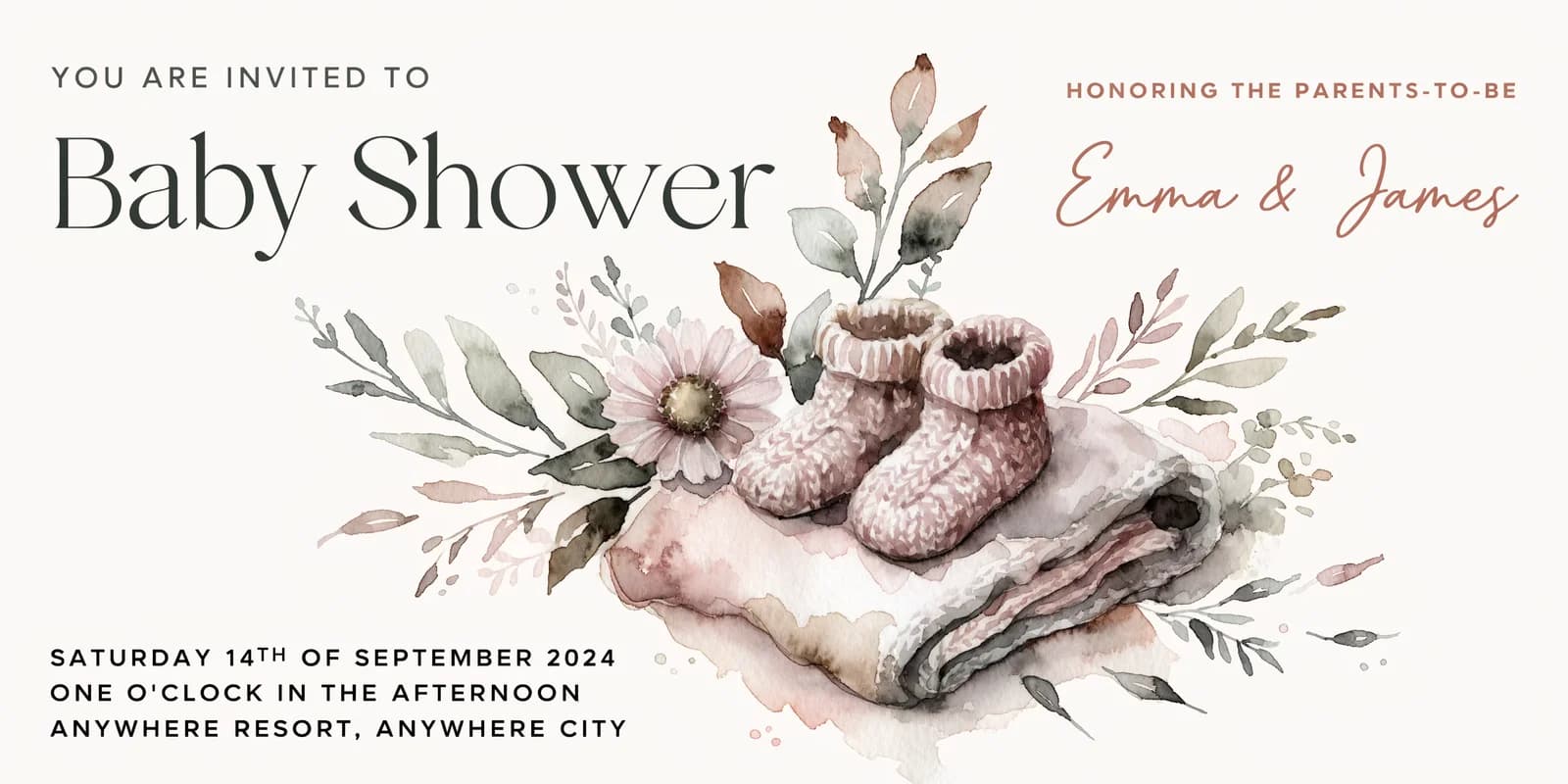 A personalized baby shower card showing a warm illustrated scene with the baby's name and a gentle portrait