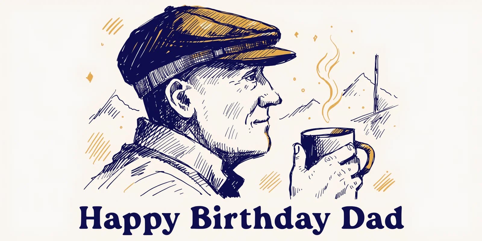 Personalized birthday card for dad with pen-and-ink portrait illustration and warm tones on cream