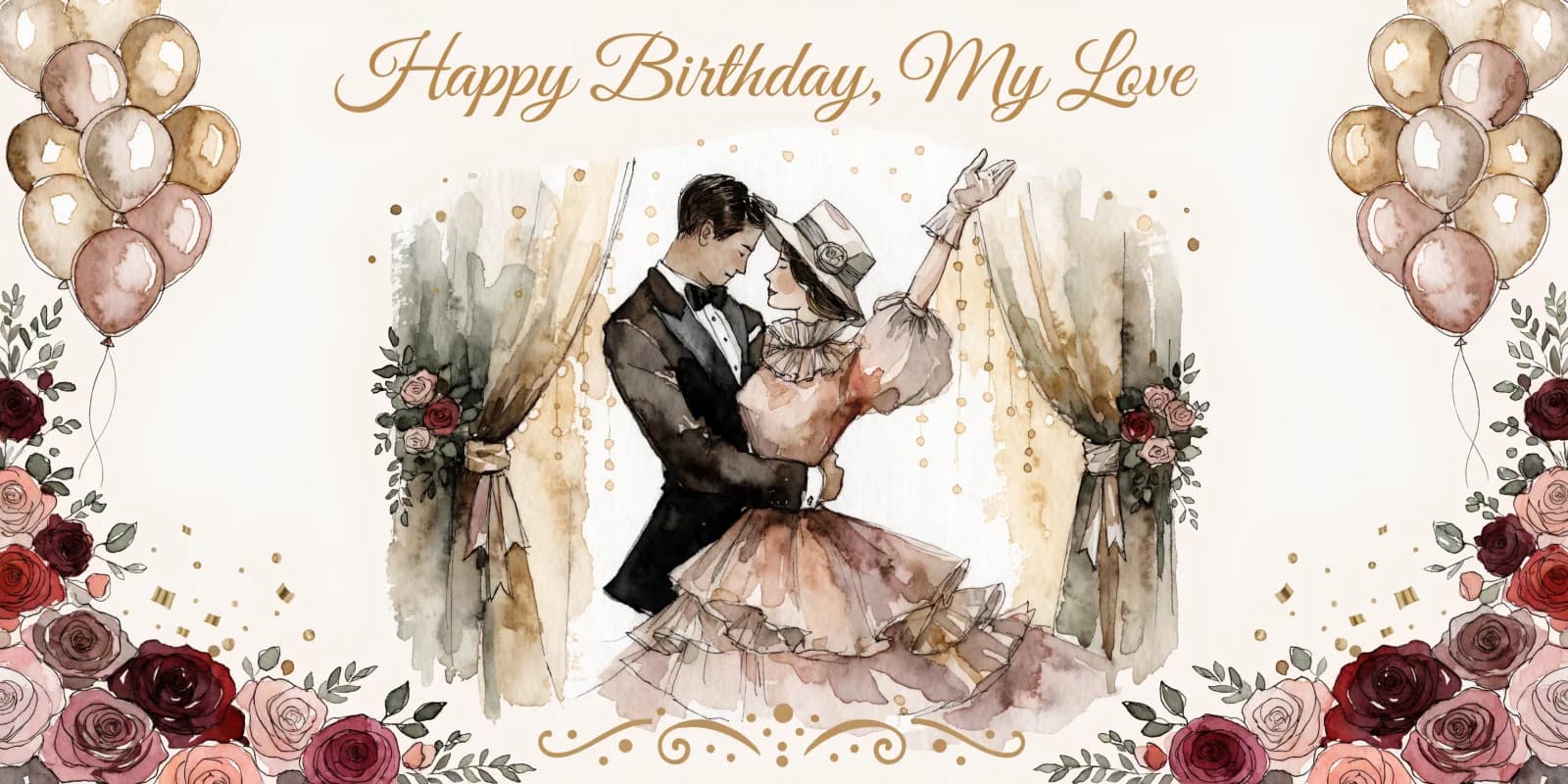 Personalized birthday card for husband with illustrated couple portrait and warm botanical frame on cream