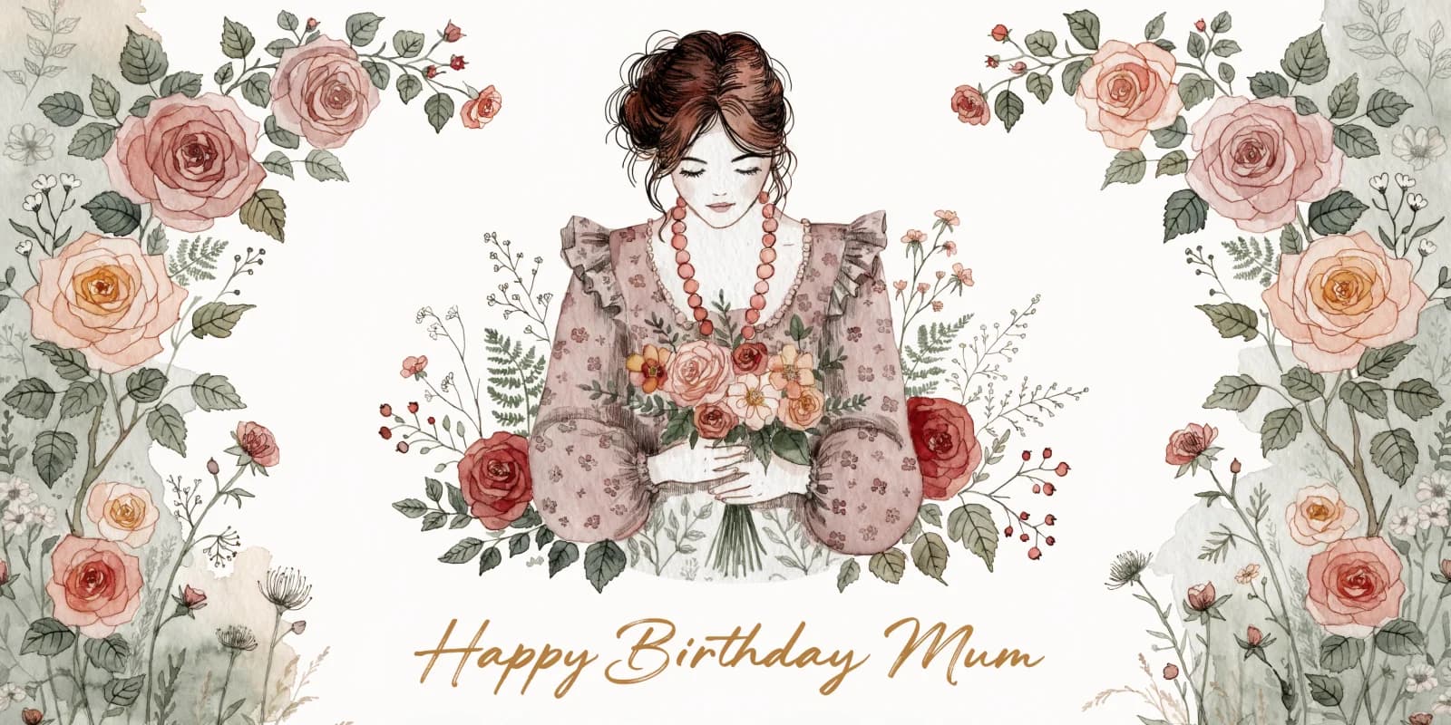 Personalized birthday card for mom with watercolor botanical border and lettered mom's name on cream