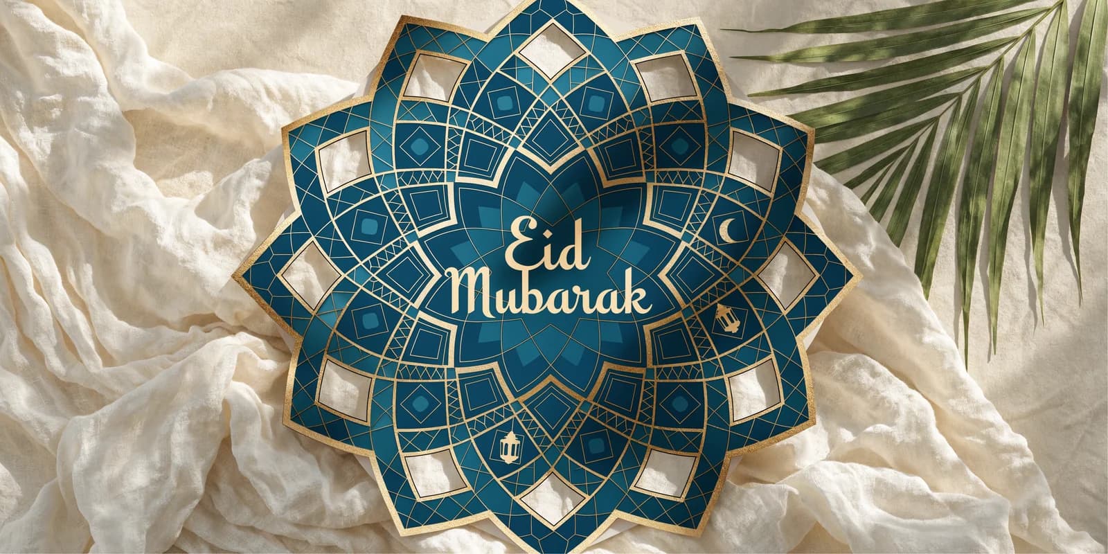 A personalized Eid Mubarak greeting card with gold calligraphy and geometric Islamic pattern on cream paper