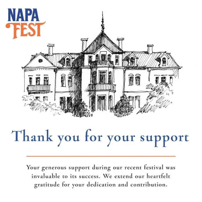 Event sponsorship thank-you card with illustrated venue and sponsor logo