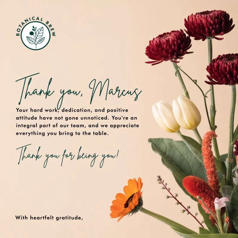 Team recognition thank-you card with employee name and company branding