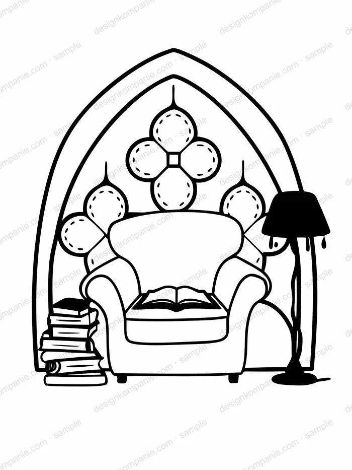 Reading corner with armchair and books coloring page