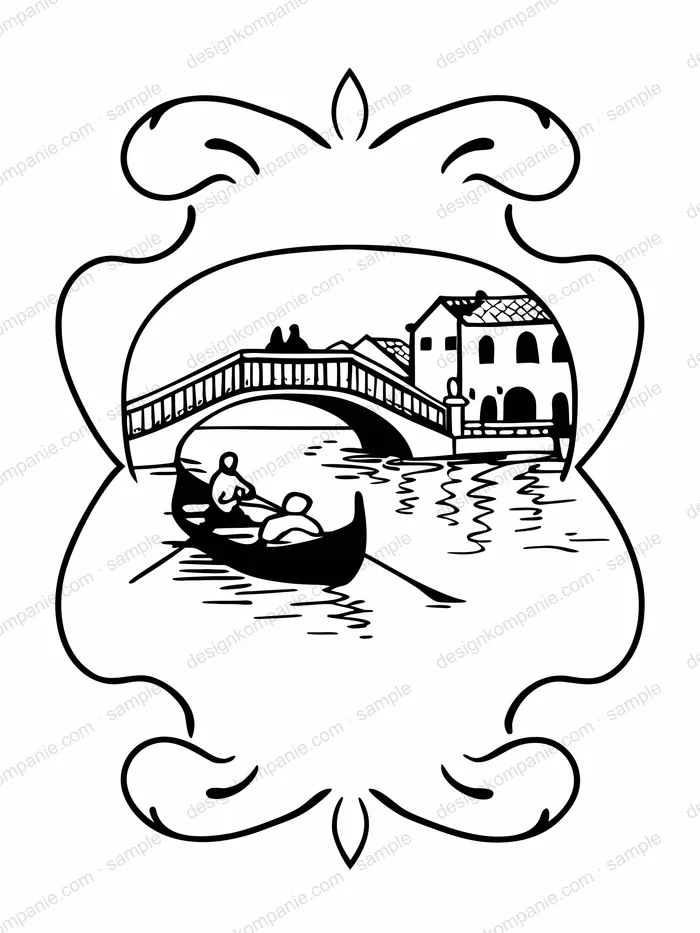 Canal scene with rowing boats coloring page