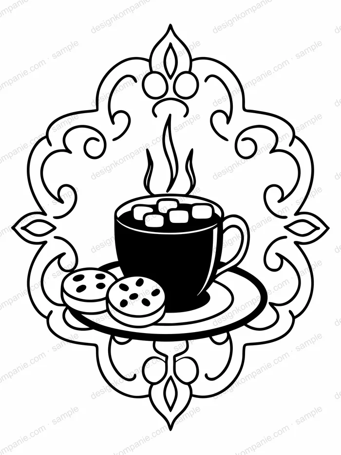 Steaming cocoa with marshmallows and cookies coloring page