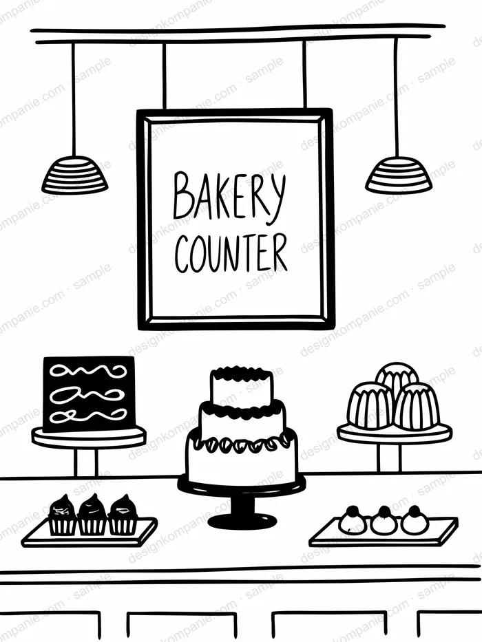 Bakery counter with cakes and pastries coloring page