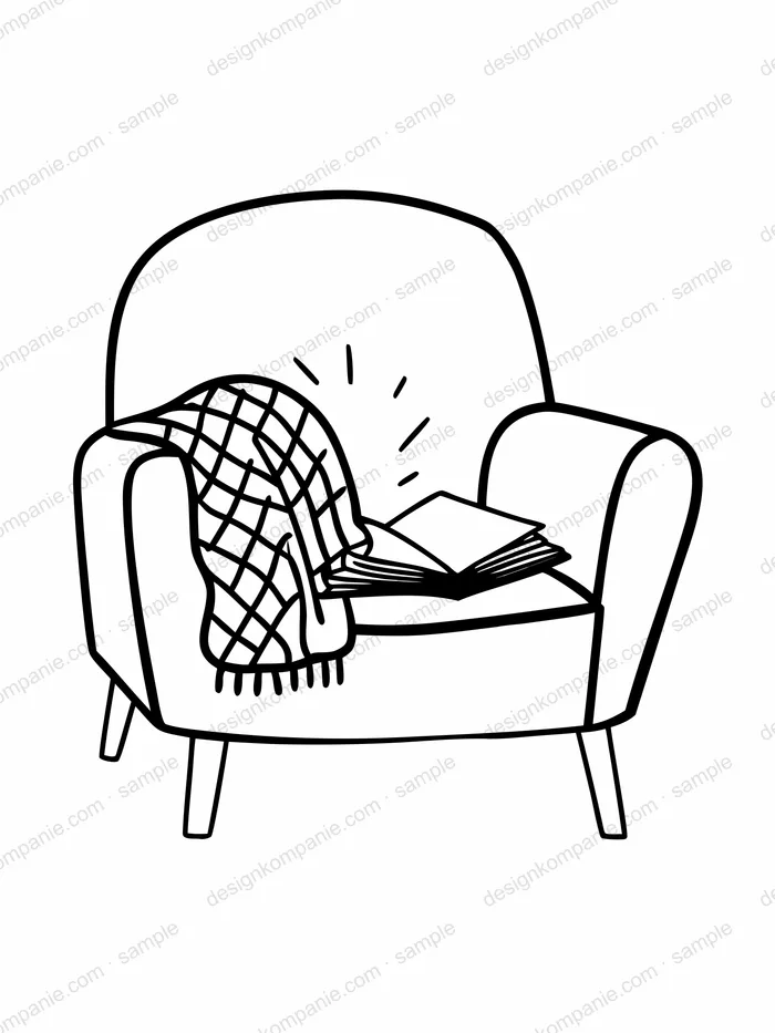 Armchair with knitted blanket and open book coloring page