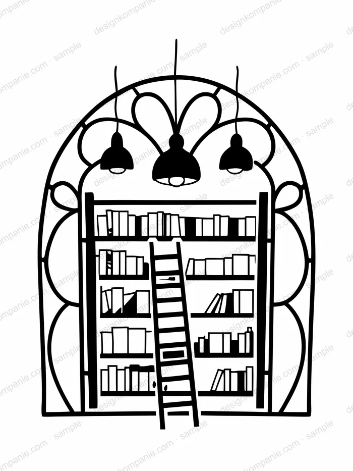 Bookshop interior with crowded shelves coloring page