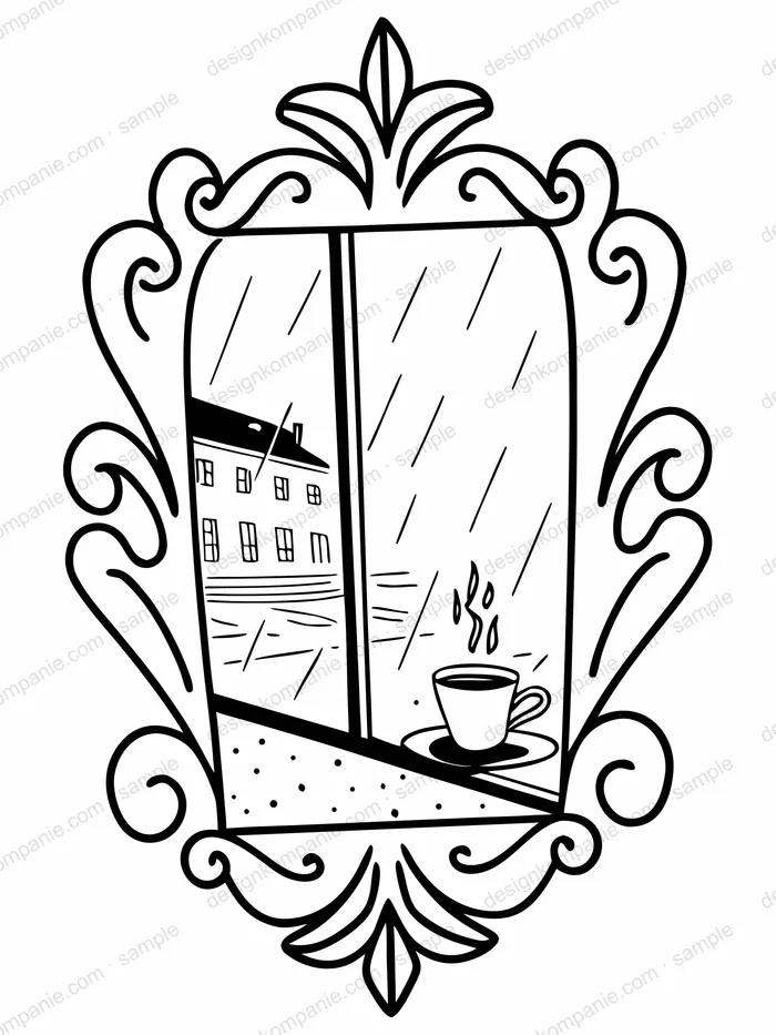 Rainy street seen from a cafe window coloring page