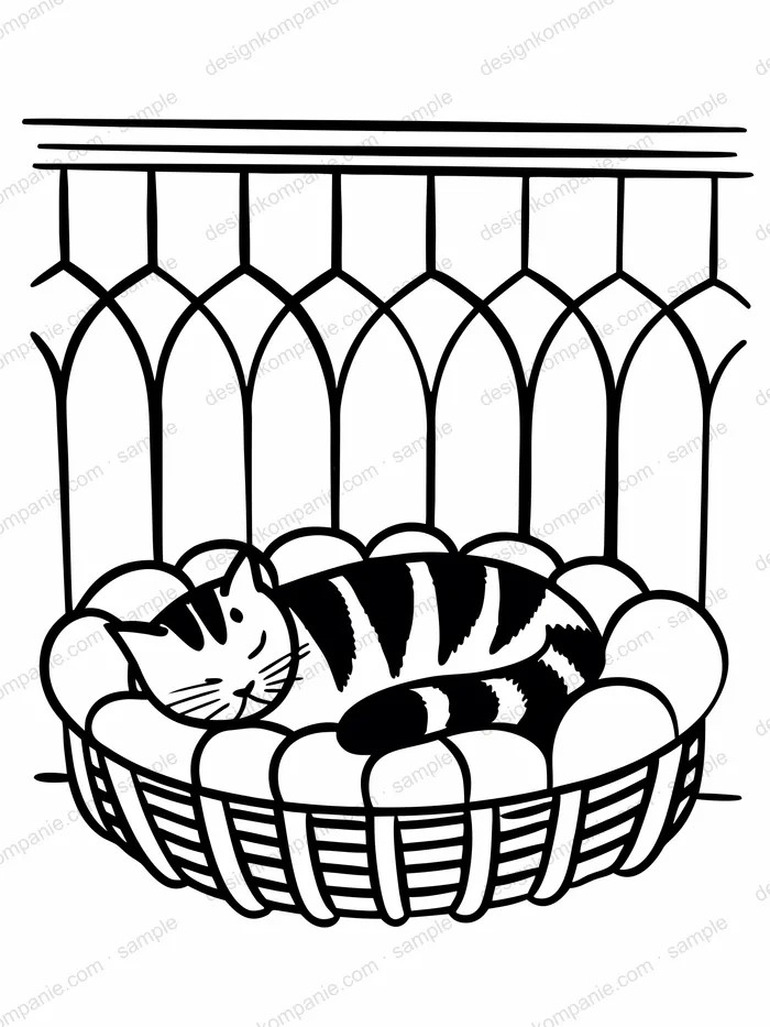 Tabby cat asleep in a basket coloring page