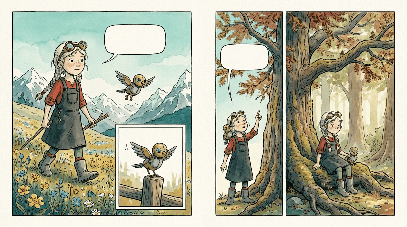 Doppelseitige Graphic-Novel-Illustration