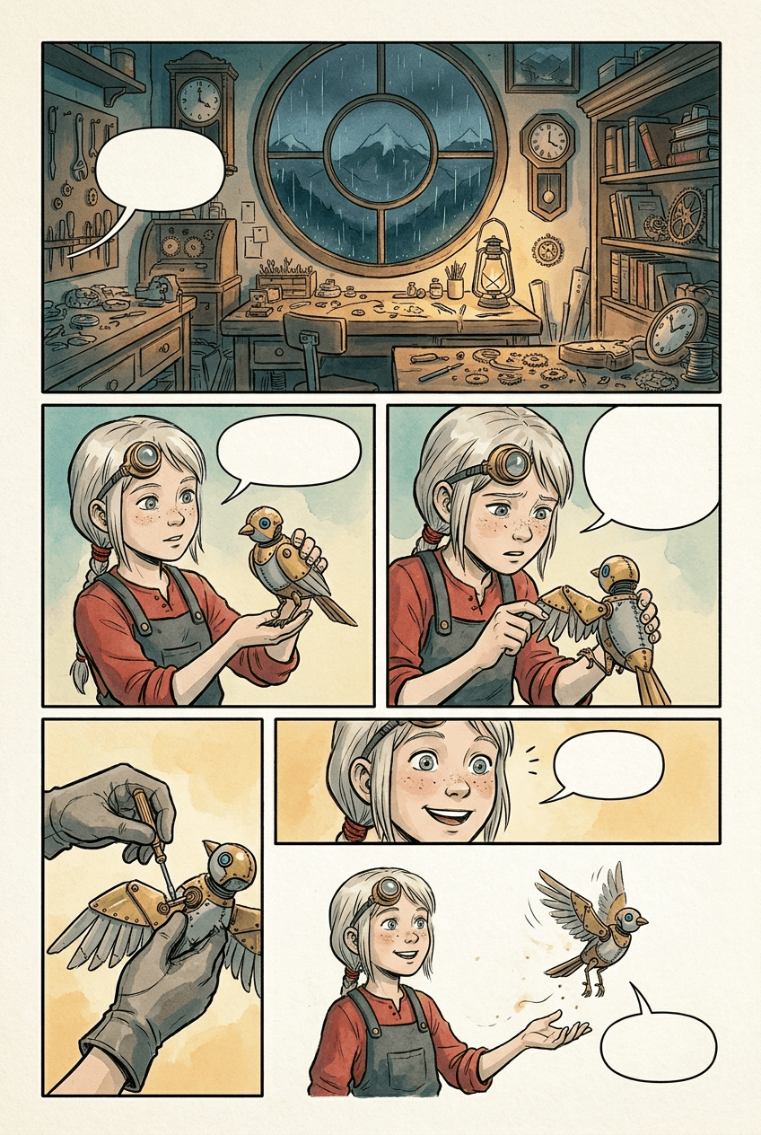Professionelle Comic-Seite mit sechs Panels — Schweizer Studio für Comic-Zeichner