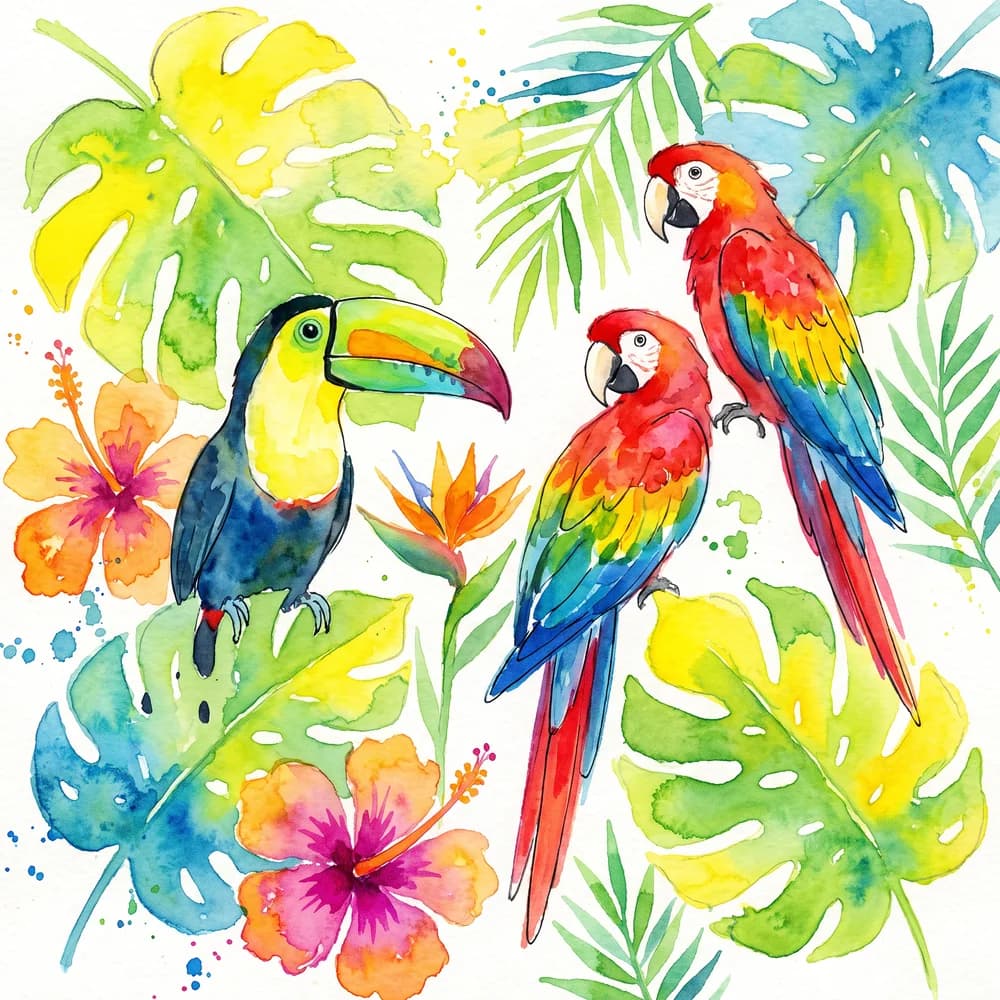 Bright watercolour sample: A toucan and parrots among jungle leaves