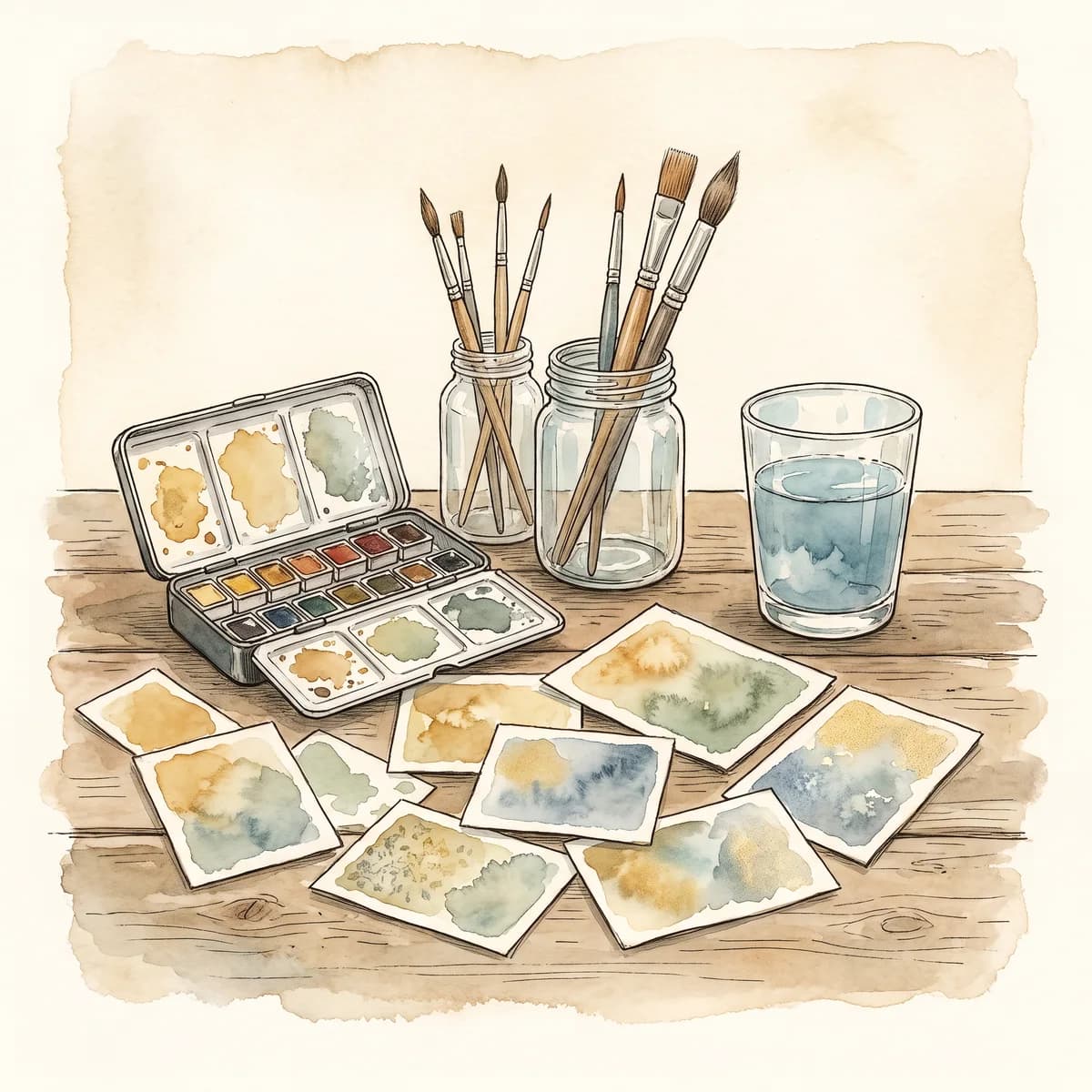 A watercolour paint box, brushes and swatch cards on a table