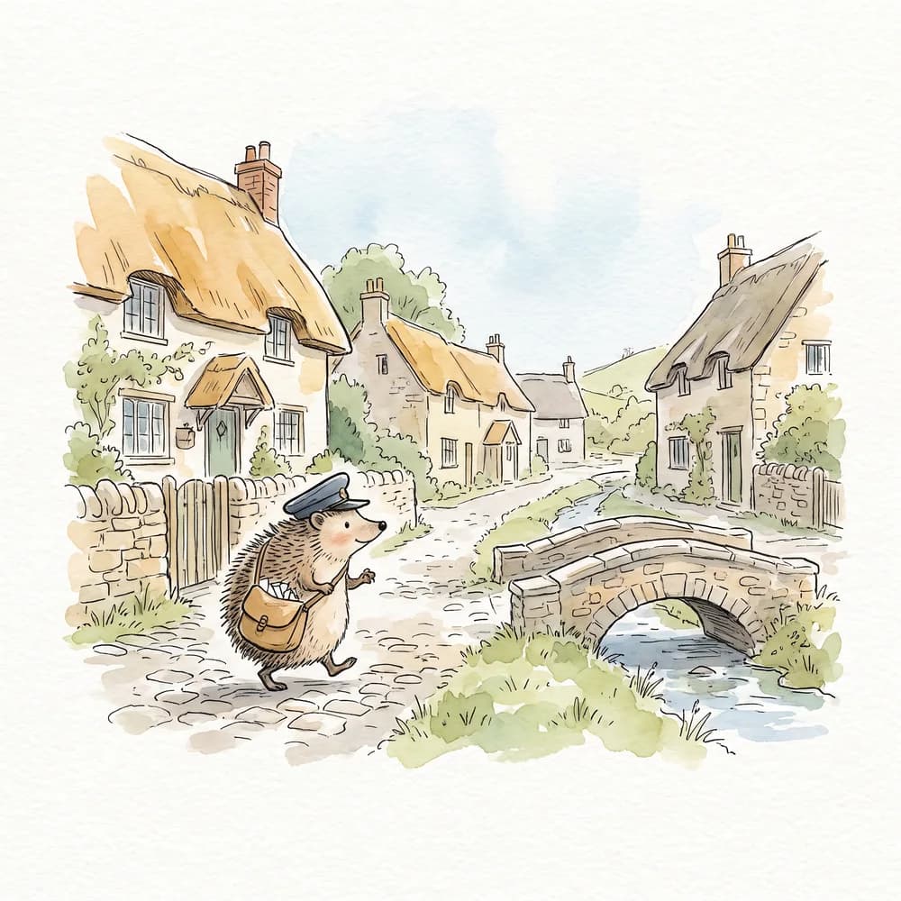 Ink and wash sample: A hedgehog postman on a cobbled street