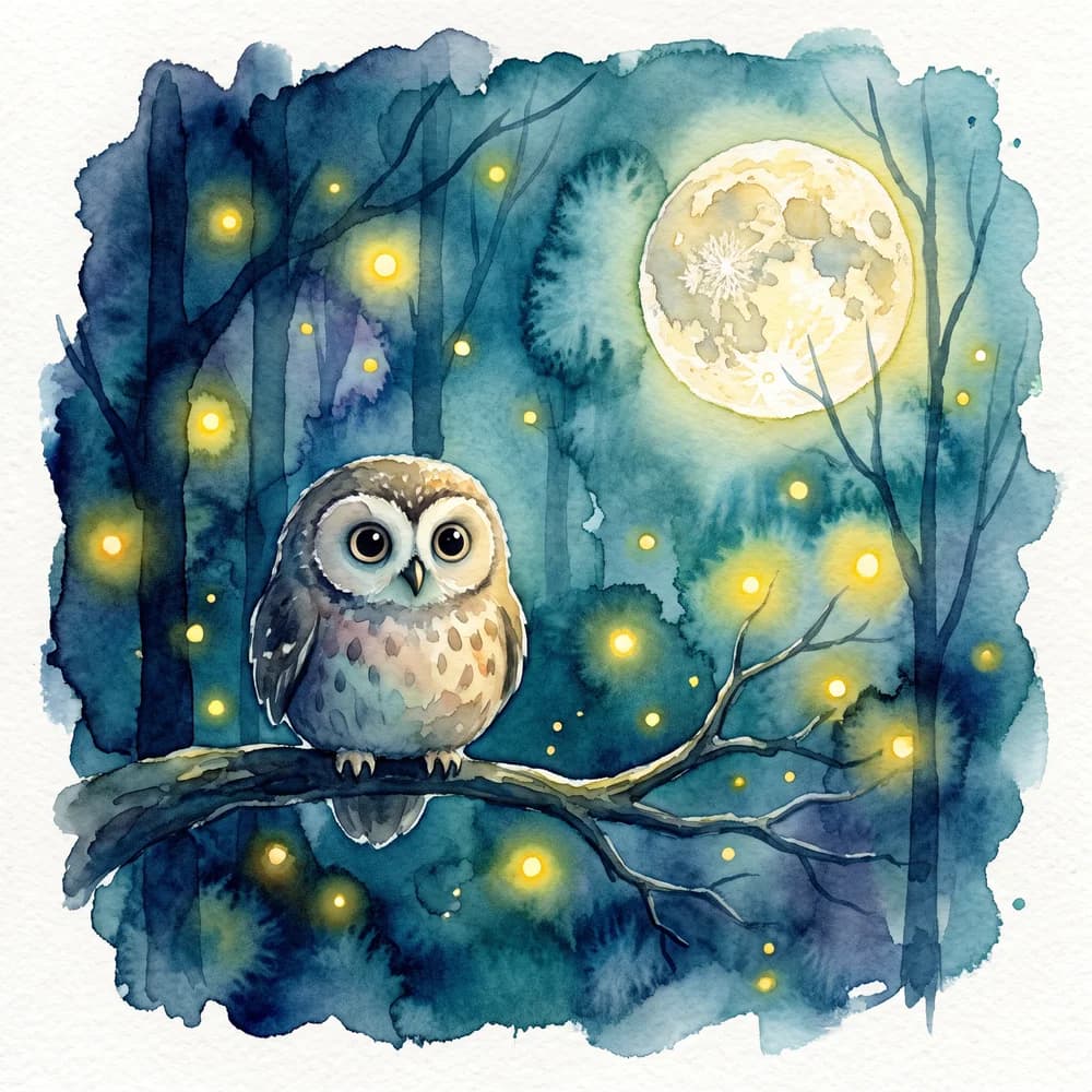 Night watercolour sample: An owl in a moonlit forest with fireflies