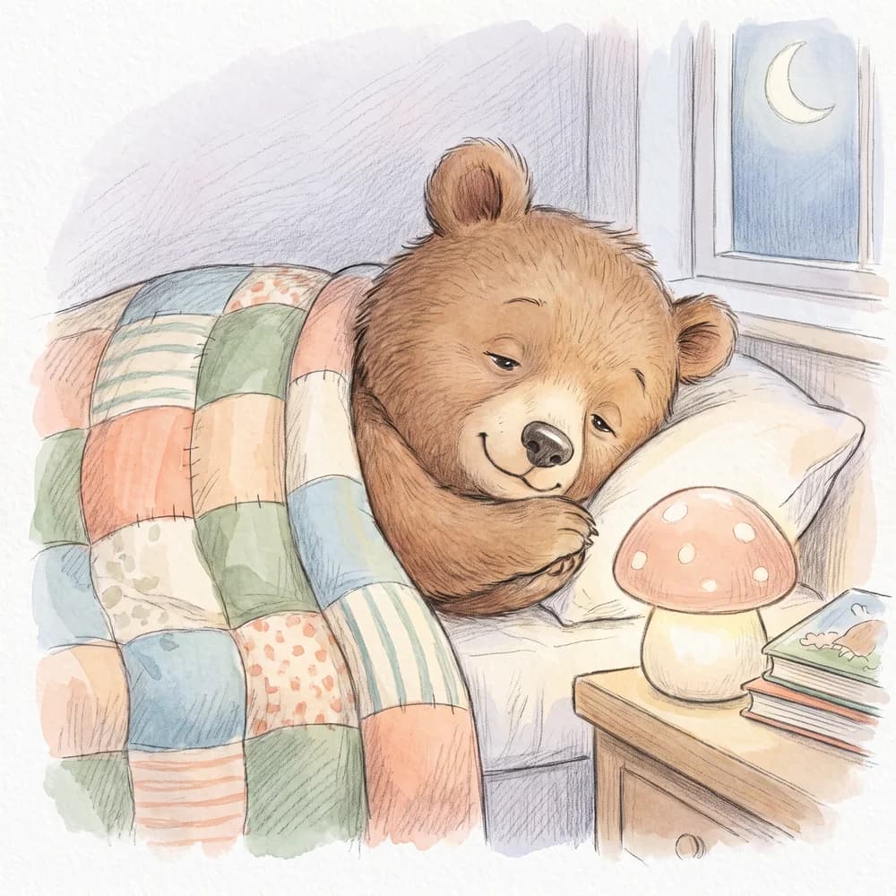 Pencil and wash sample: A bear cub in bed with a night light