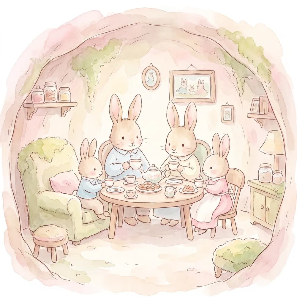 Soft pastel sample: A rabbit family having tea in a burrow