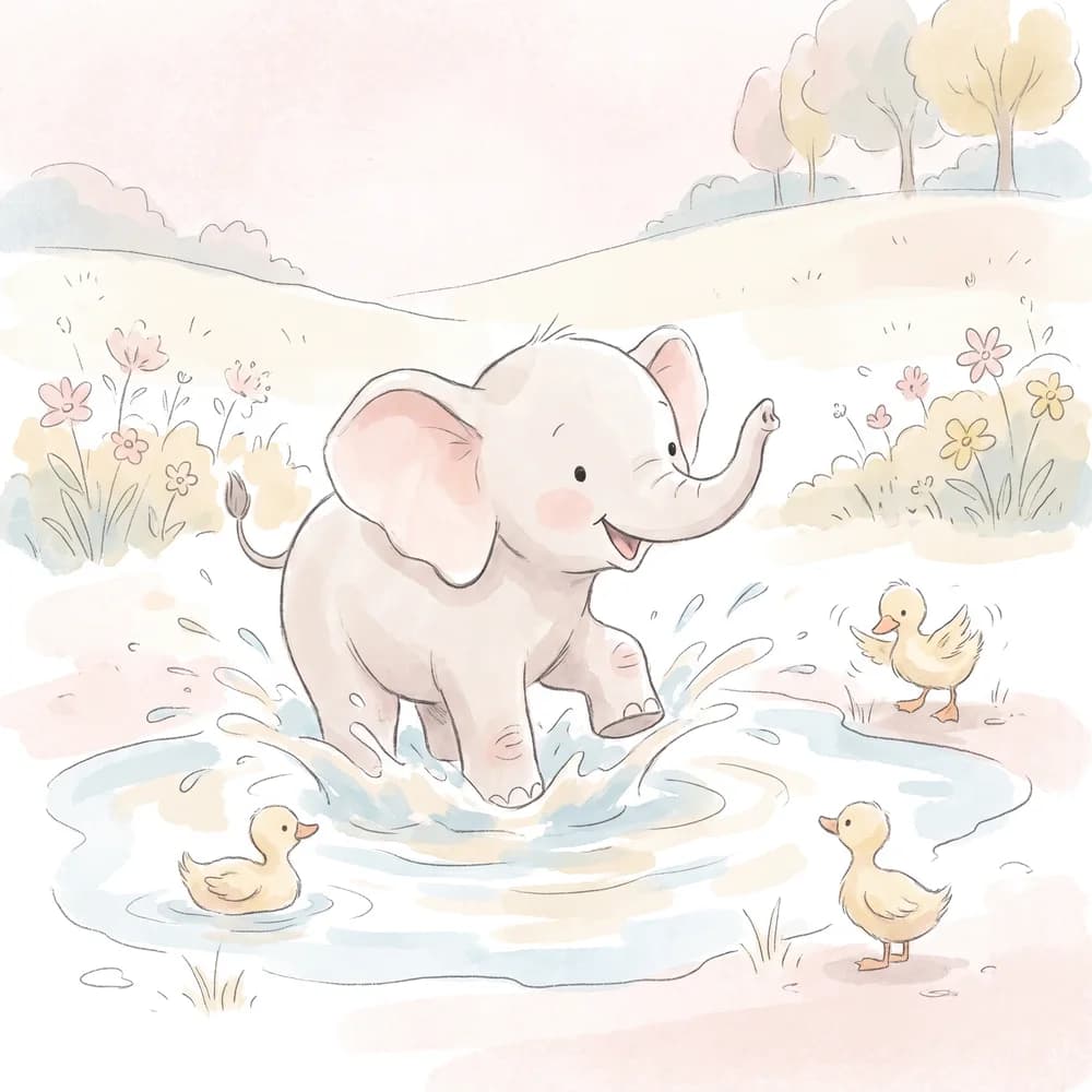 Soft pastel sample: A baby elephant splashing in a puddle with ducklings