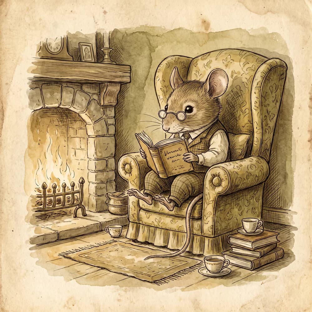 Vintage storybook sample: A mouse in a waistcoat reading by a fireplace
