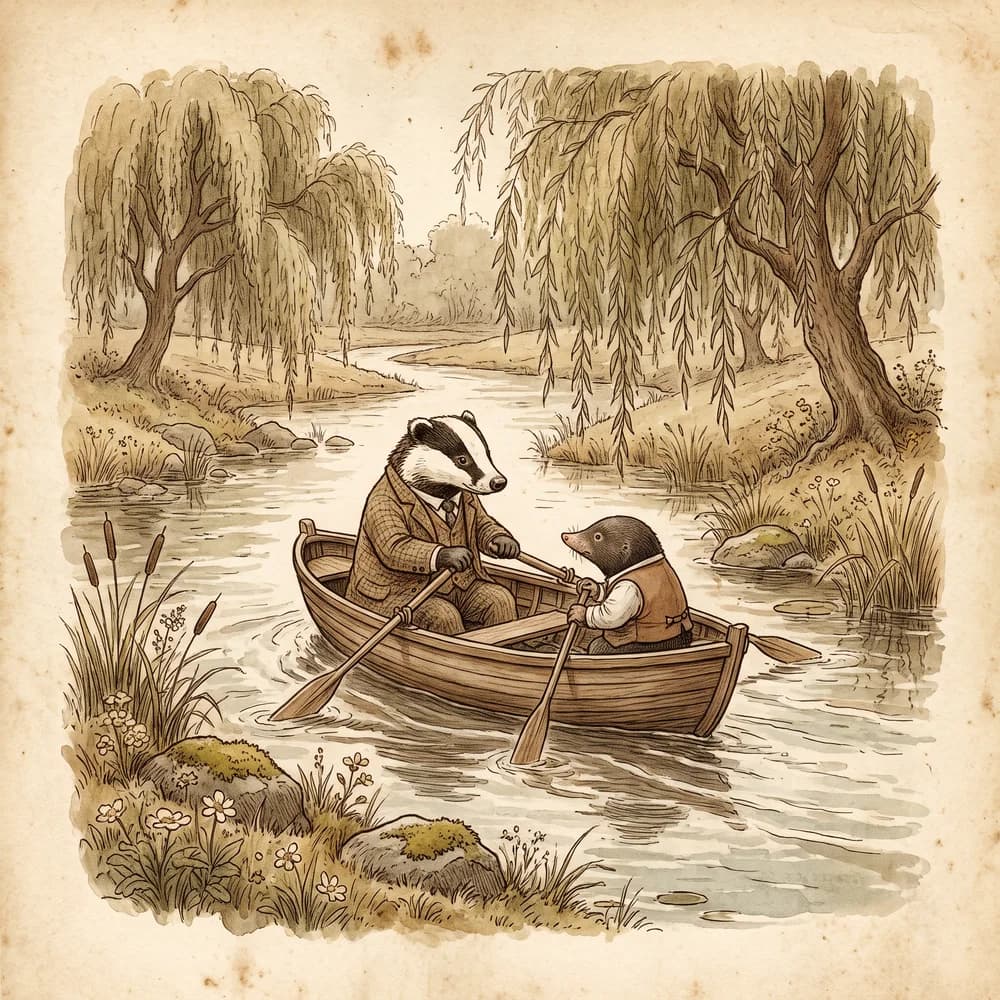 Vintage storybook sample: A badger and a mole rowing a boat on a river