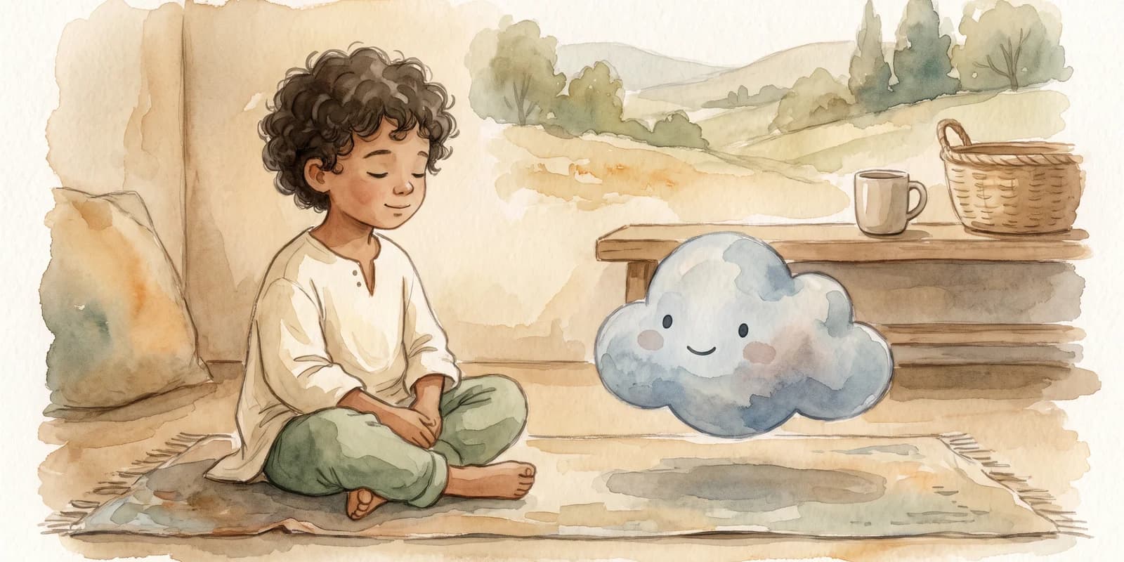 An open watercolour picture book showing a calm child beside a small soft grey worry-cloud
