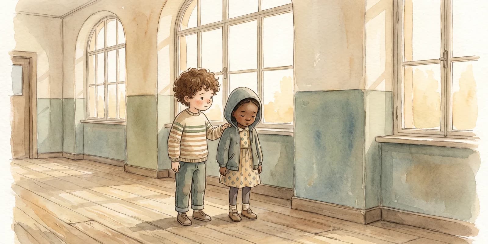 A child standing close beside another downcast child in a school corridor, hand-painted watercolour