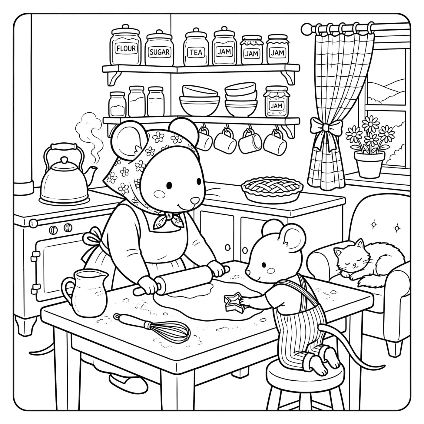 Line-art coloring page: mother mouse and child baking in a cottage kitchen