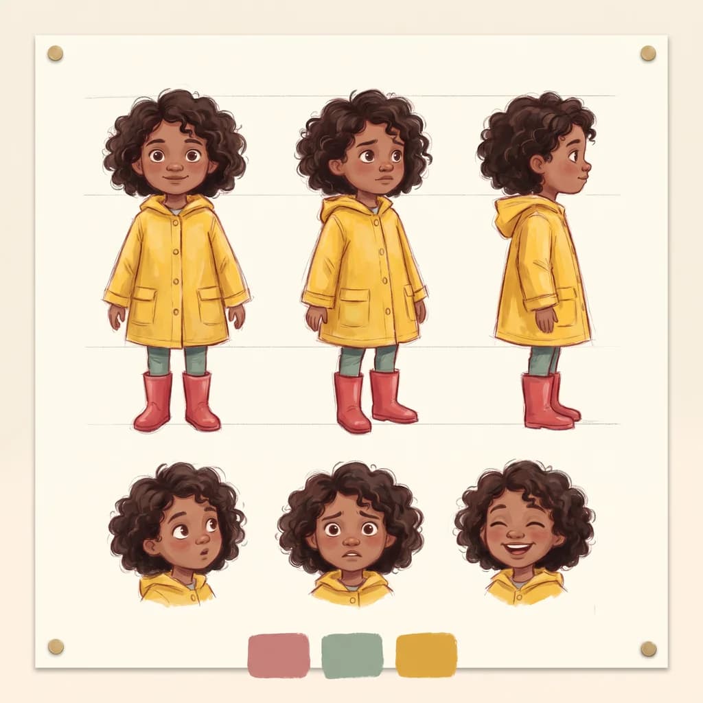 Character turnaround sheet for a custom children's book: one child aged about seven, drawn front, side and in three expressions