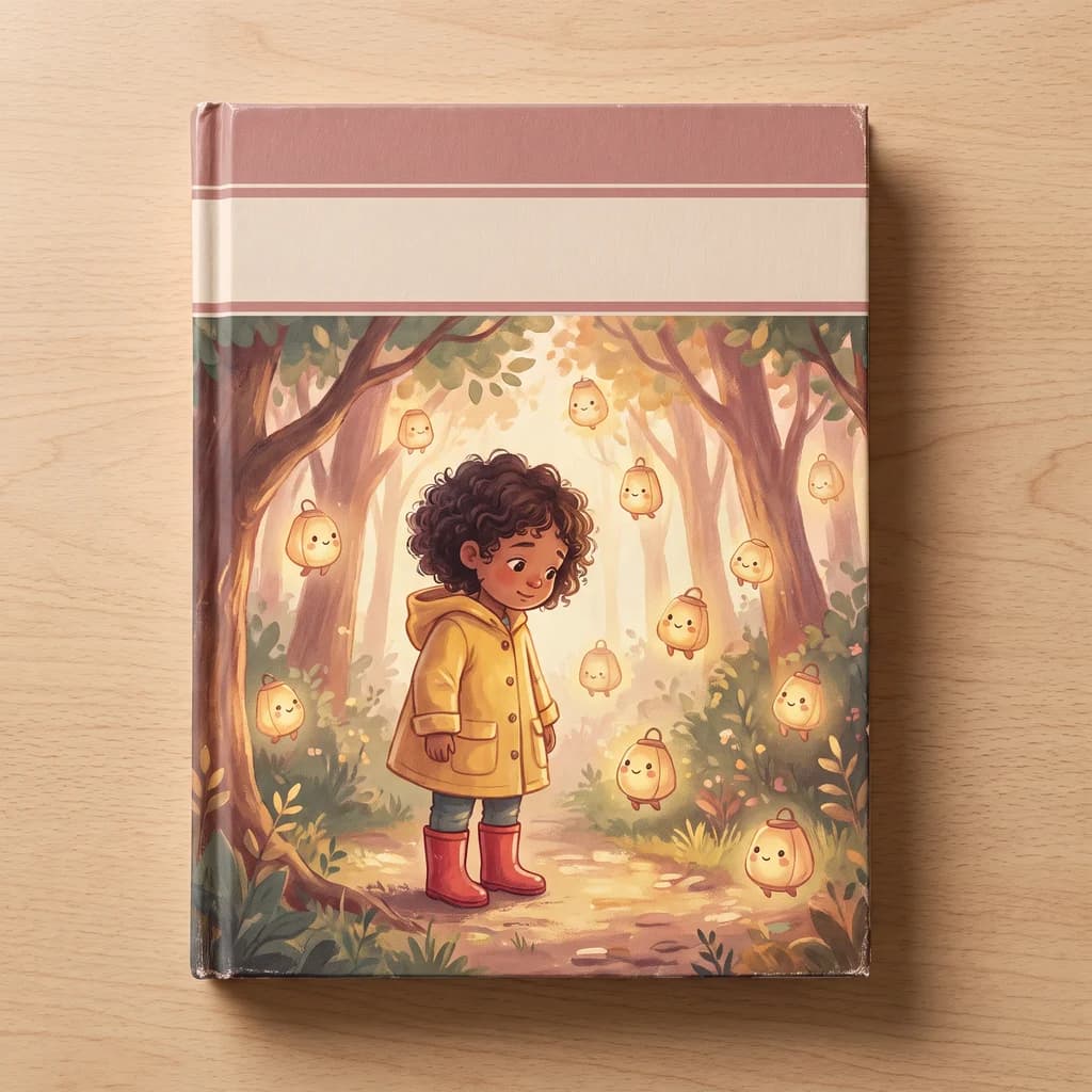 Finished hardcover of a custom children's book, its cover showing the same seven-year-old hero among glowing lantern feelings