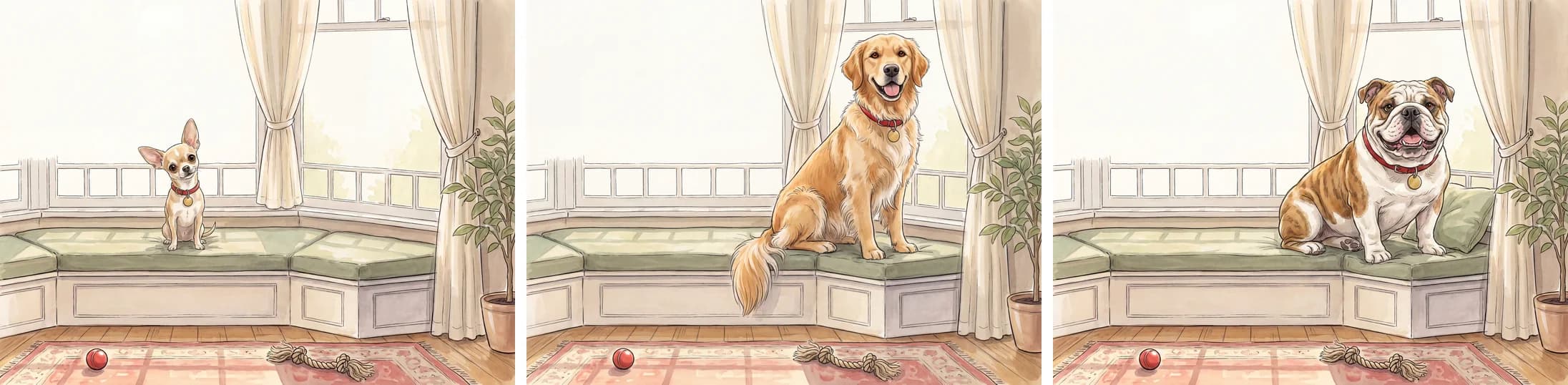 The same illustrated scene shown three times — chihuahua, golden retriever and bulldog — identical room, light and composition, only the dog changed.
