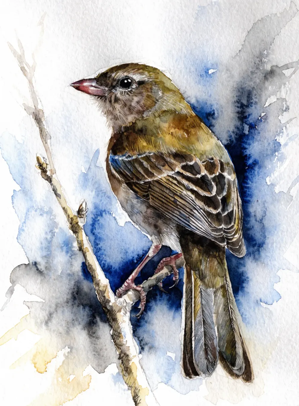 Watercolor study of a songbird with a soft breast and sharp wing feathers