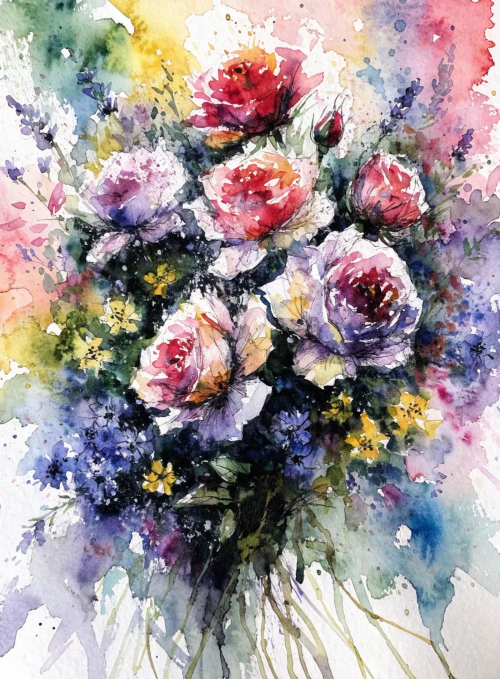 Loose watercolor study of roses and wildflowers painted wet into wet