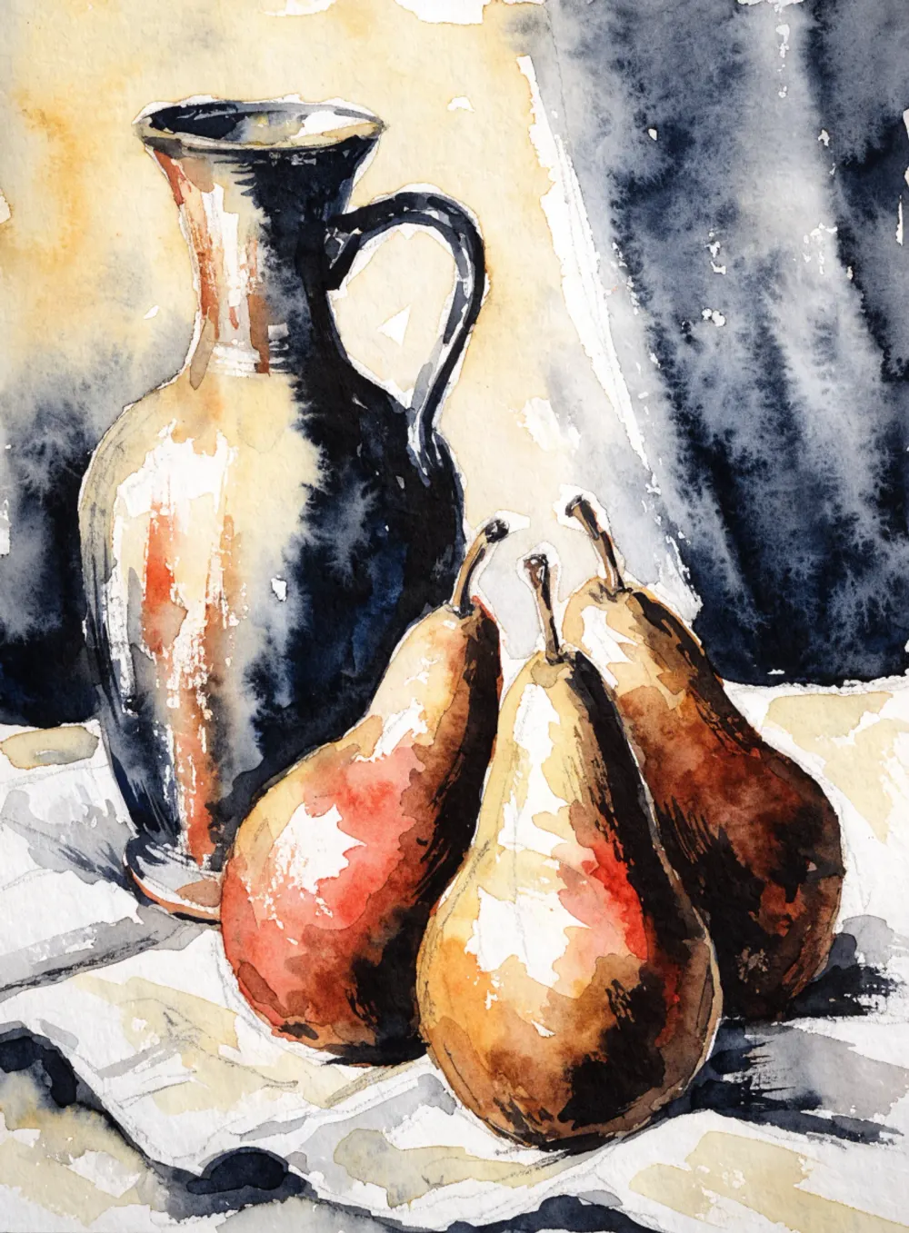 Watercolor still life of pears and a ceramic jug in a restrained three-colour palette