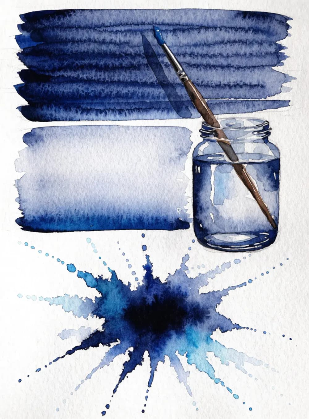 Watercolor technique swatches — a flat wash, a graded wash and a wet-on-wet bloom, with brush and water jar