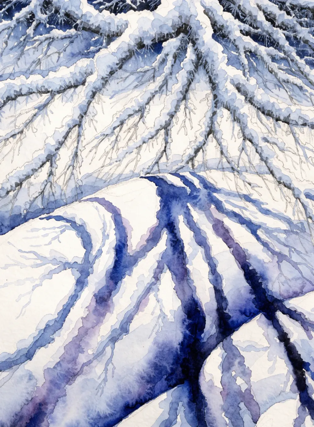 Watercolor snow study with bare branches and long blue-violet shadows