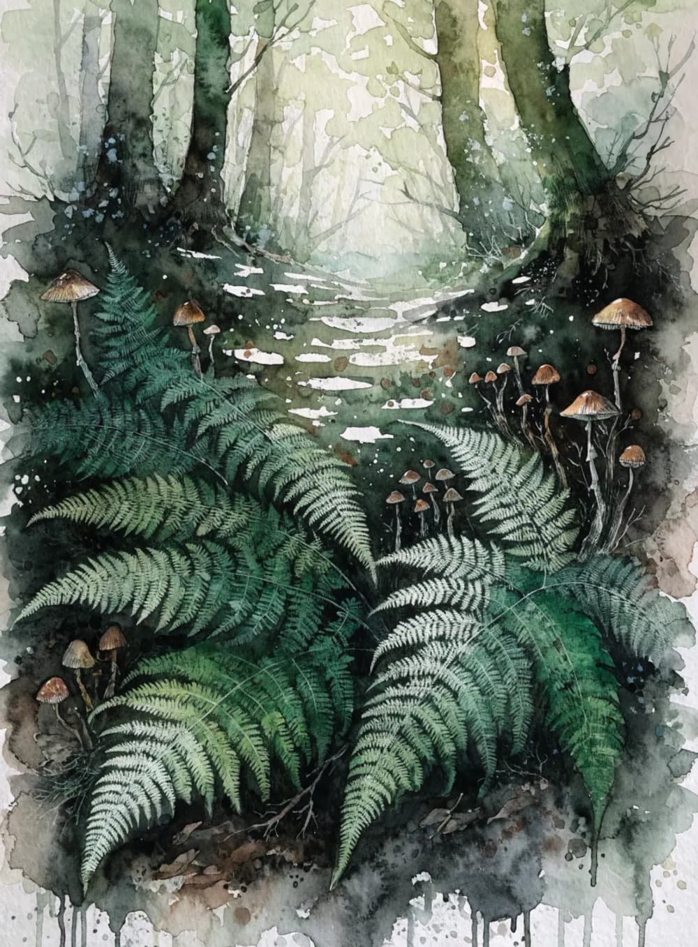 Watercolor forest floor study with ferns, toadstools and dappled light
