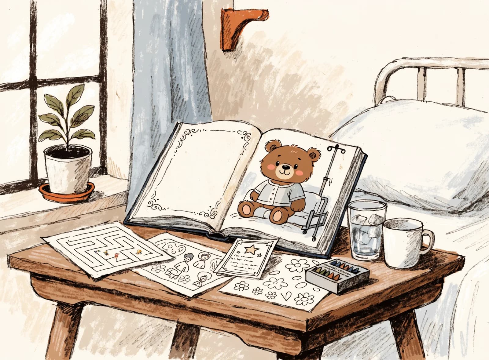 Illustrated hospital preparation book and activity pages on a children's ward bedside table