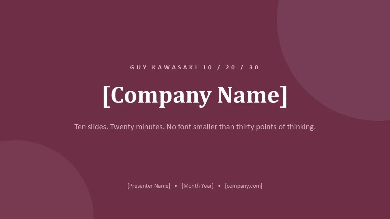 Guy Kawasaki 10/20/30 pitch deck template — cover slide