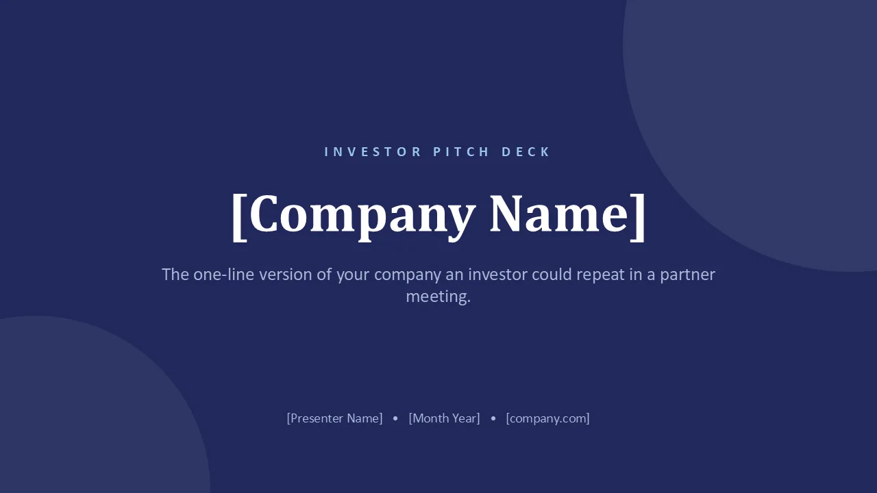 Investor pitch deck template — cover slide