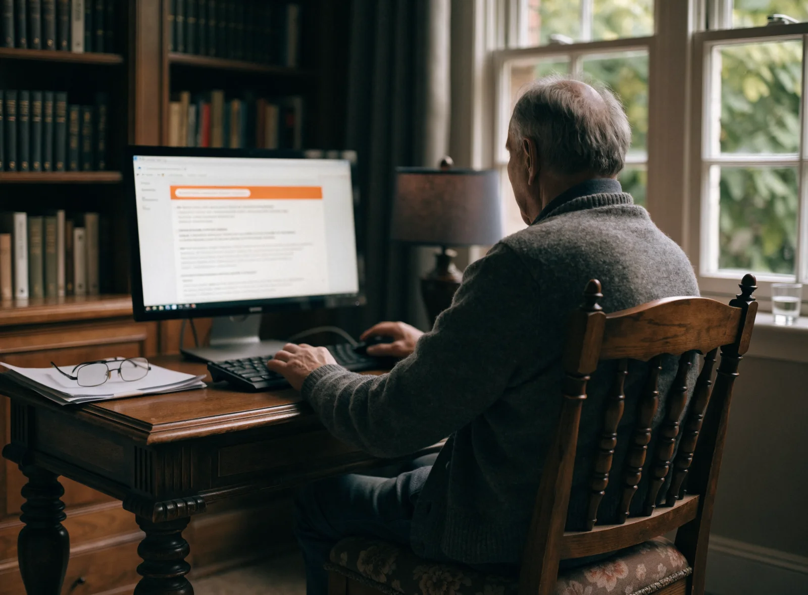 An older man at a desktop computer in a home study, estate papers beside the keyboard, a search result highlighted on screen