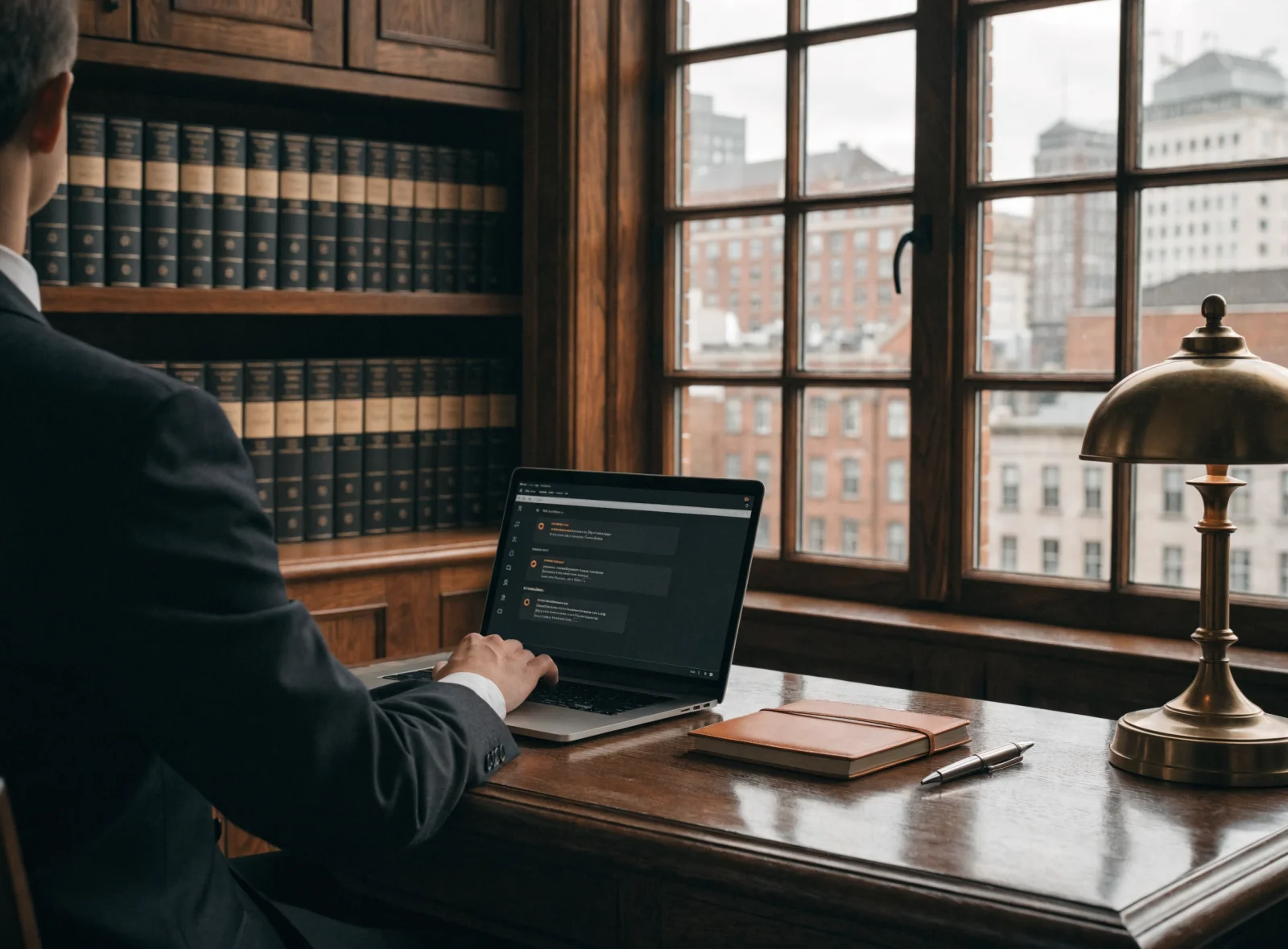 An attorney at a wooden desk with a laptop showing a search result highlighted at the top of the page